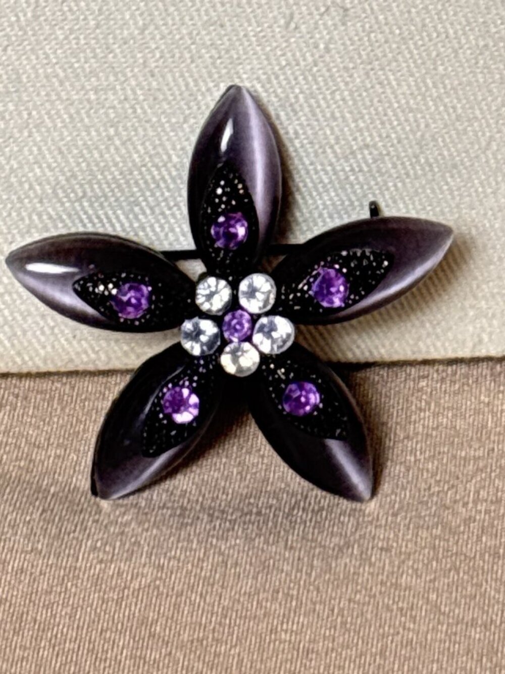 Purple Cat’s Eye Glass Flower Brooch with Rhinestones B18 Fairy Core